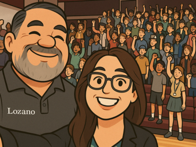 Father_and_daughter_smiling_in_front_of_student_audience-Cartoon