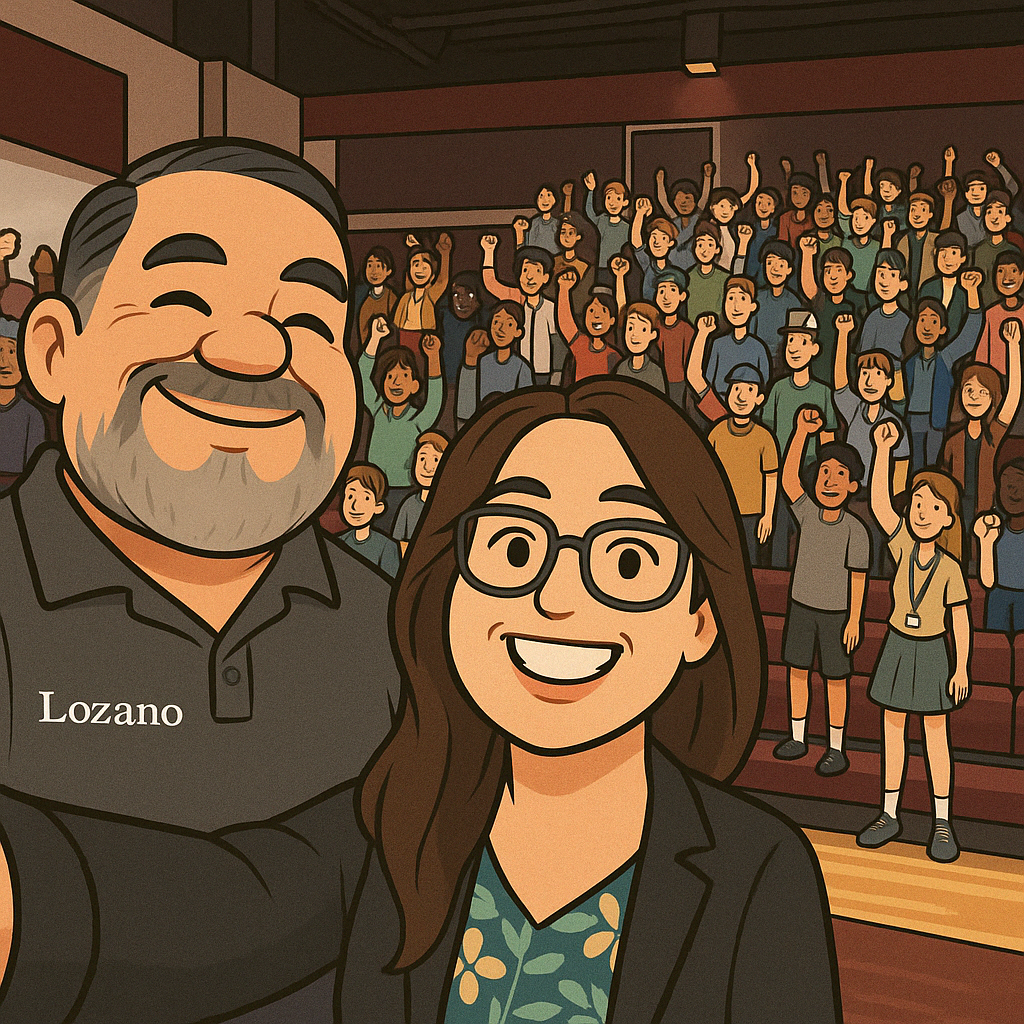 Father_and_daughter_smiling_in_front_of_student_audience-Cartoon