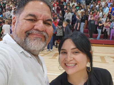 “Ray Lozano with his daughter at a drug prevention event” “Father and daughter team presenting drug prevention program to students”