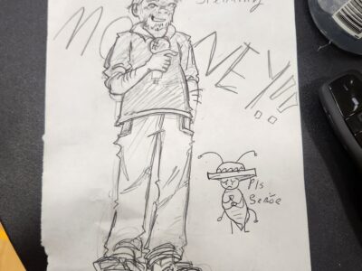 Student-drawn sketch of a presenter holding a microphone, given as a thank-you after a youth drug prevention workshop.