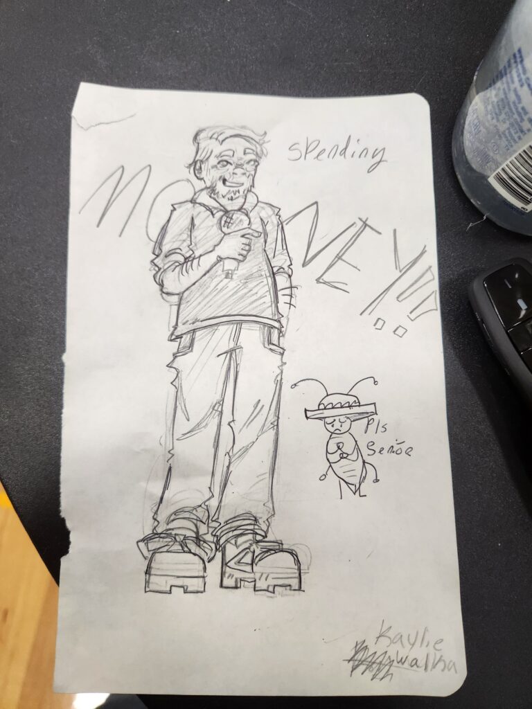Student-drawn sketch of a presenter holding a microphone, given as a thank-you after a youth drug prevention workshop.