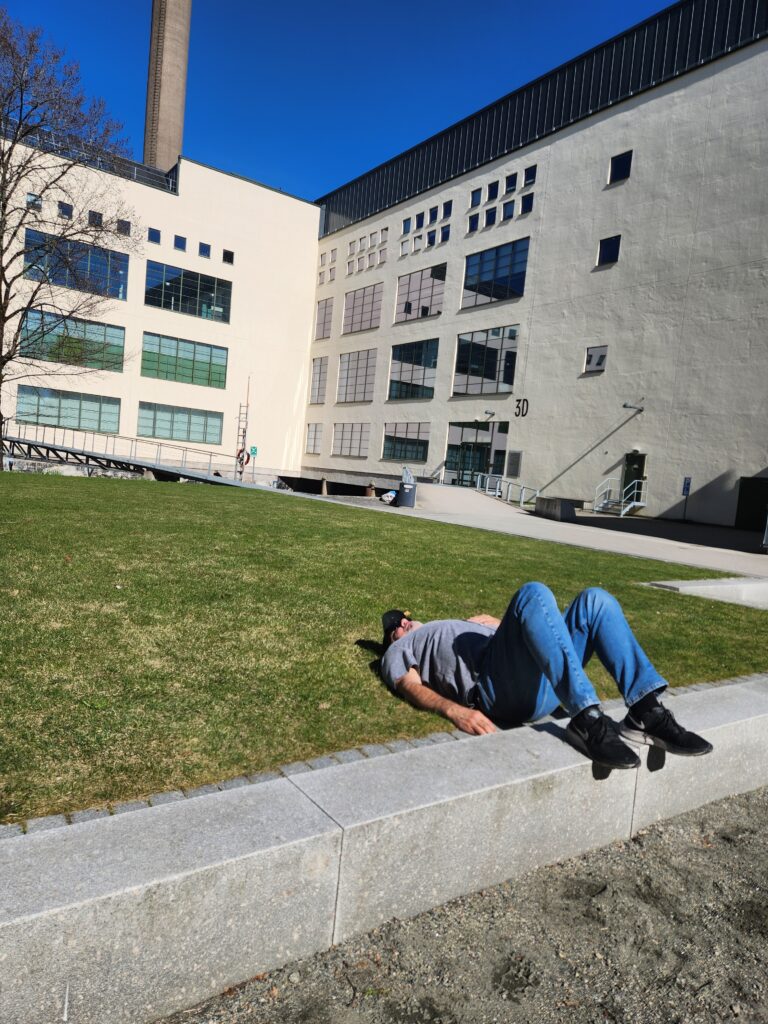 “Presenter resting outside a school in Maine before leading an opioid prevention workshop.”
