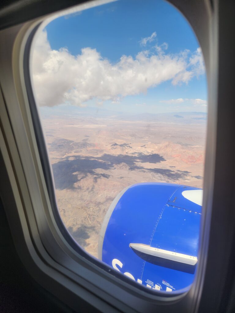 View from airplane window during travel to a youth prevention workshop on Southwest Airlines.