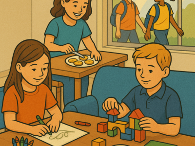 Elementary students doing after-school activities that encourage conversation, including art, building, and outdoor walks.