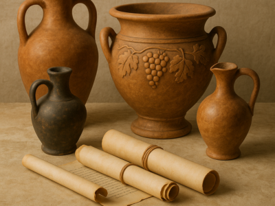 Ancient Roman artifacts and plants used to illustrate the substances Romans consumed, including wine and poppy plants.