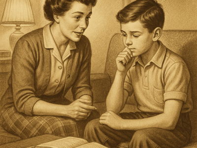 Parent asking a child a question to encourage communication and critical thinking.