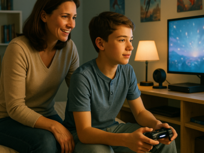 Parent connecting with child who is playing video games in their room.