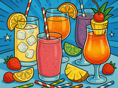 Five colorful non-alcoholic drinks on a table, perfect for parents and kids to make together.