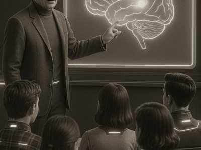 Educator explaining how alcohol affects the developing teen brain using a diagram in a classroom setting.
