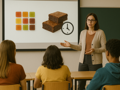Educator explaining the delayed effects of THC edibles to students using visuals of gummies and a clock.