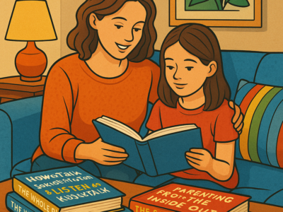 Parent holding parenting books and reading with their child to better understand their development.
