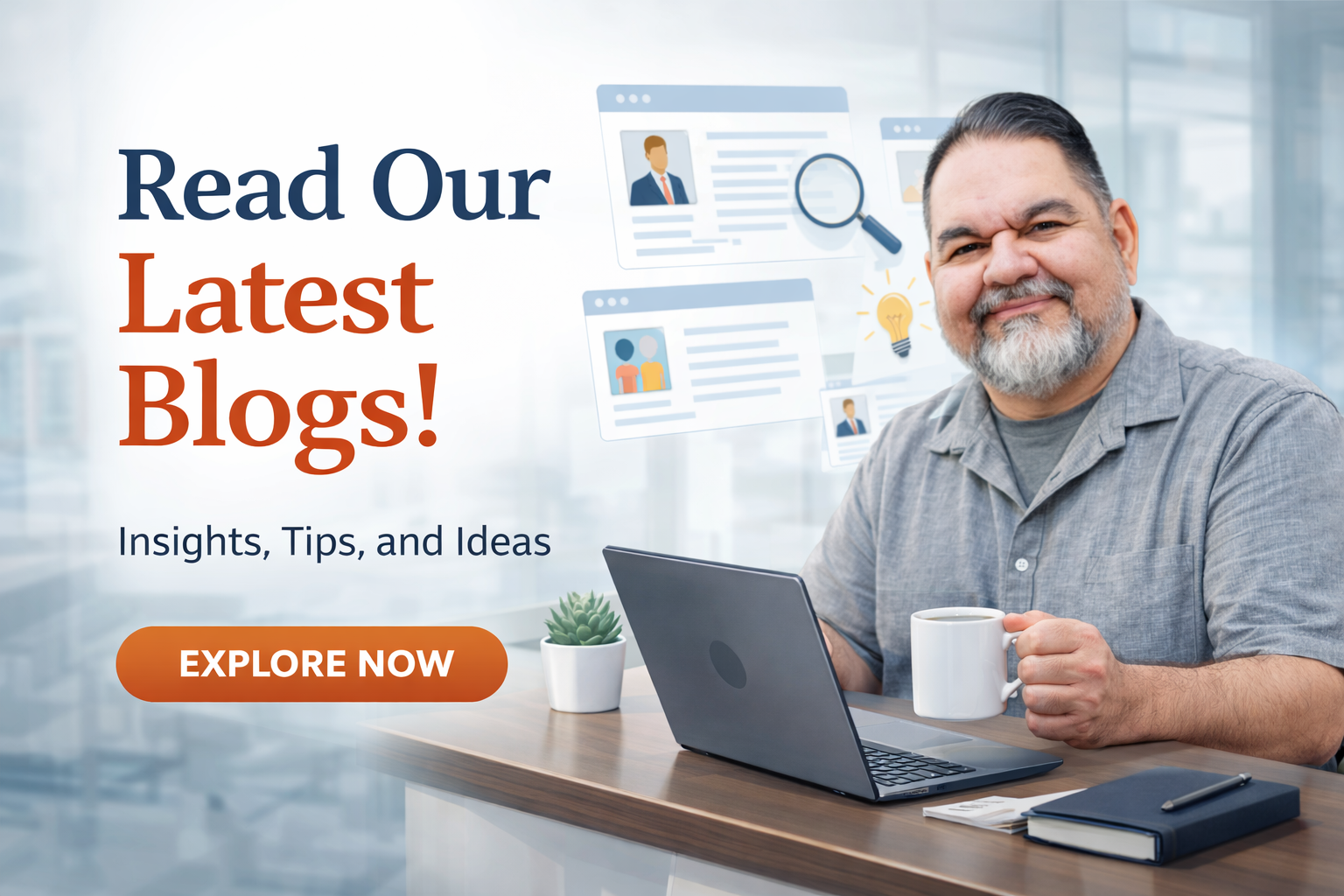 Ray Lozano at desk with coffee mug and laptop, promoting latest blog posts with “Explore Now” button.