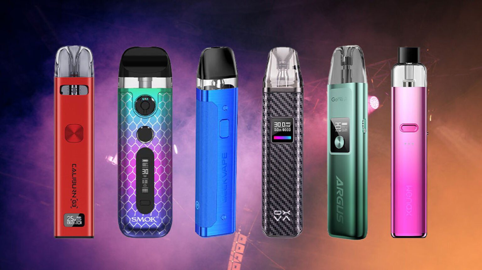 Six modern vape devices in different colors and brands displayed side by side, showing the variety of products youth encounter.
