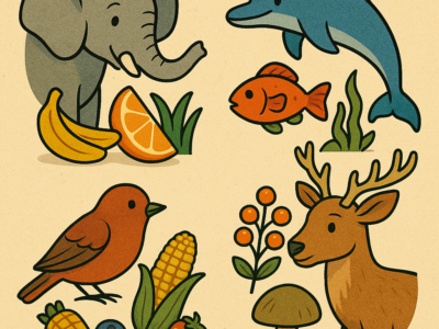 Elephant, dolphin, bird, and reindeer shown with natural substances that can intoxicate animals.