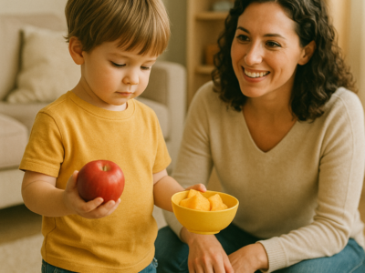 Child making a small choice between two items with a supportive parent nearby.